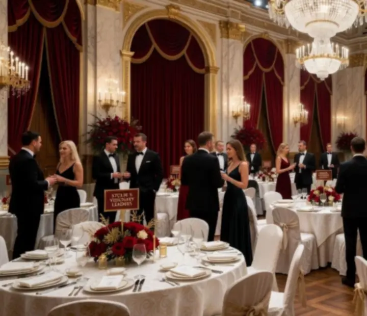 Czerwono-złota gala firmowa z elegancką sceną i stołami bankietowymi
