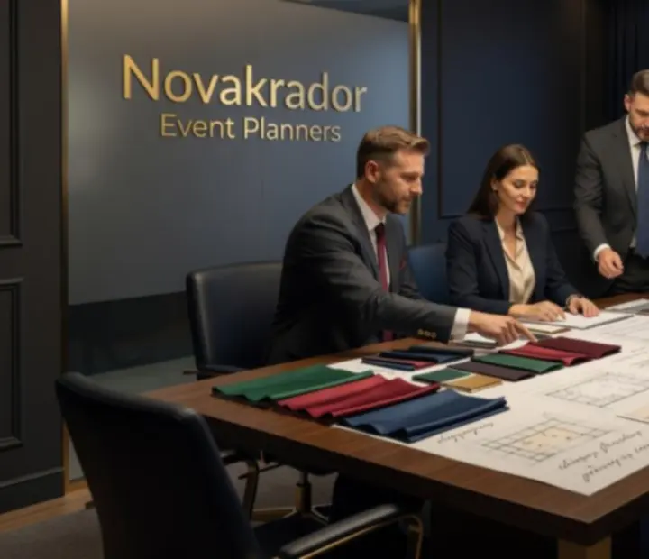 Zespół Novakrador pracujący nad moodboardem ekskluzywnej gali i wieczoru gierwego przy eleganckim stole projektowym.