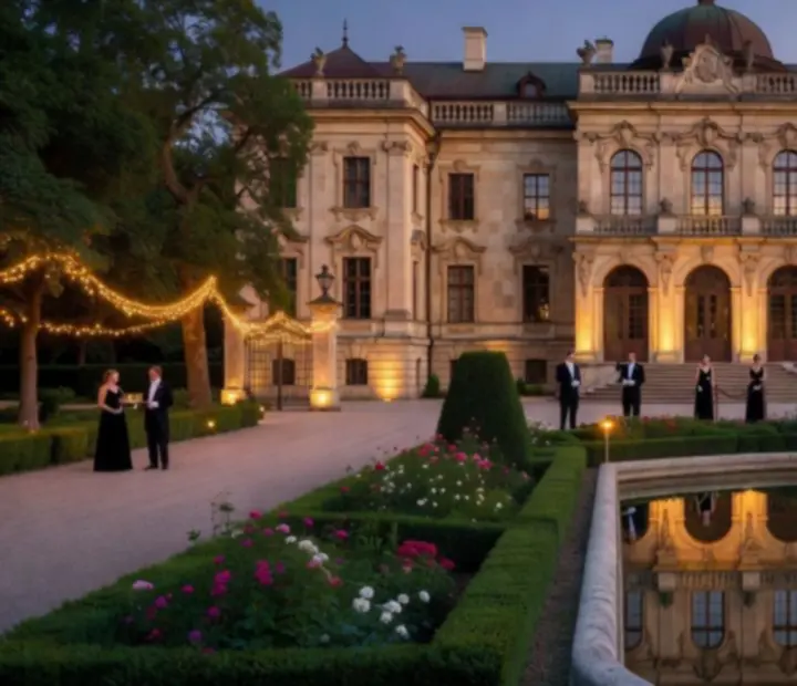 Zabytkowy pałac z iluminacją wieczorną i zadbanym ogrodem